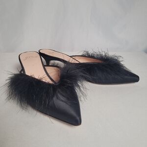 J.Crew Sophia Kitten Heel Black Satin With Feather Detail Size 7.5 EUC